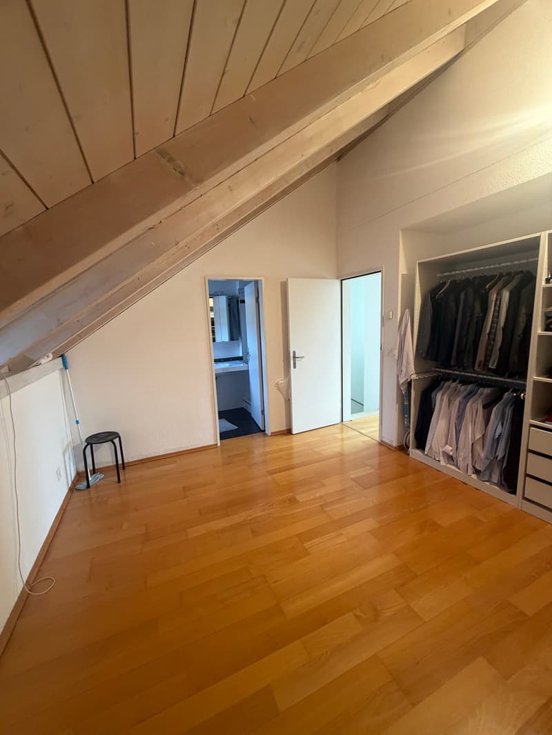 Hardwood floor, a closet filled with clothes, a small stool, and a mirror in the adjacent room