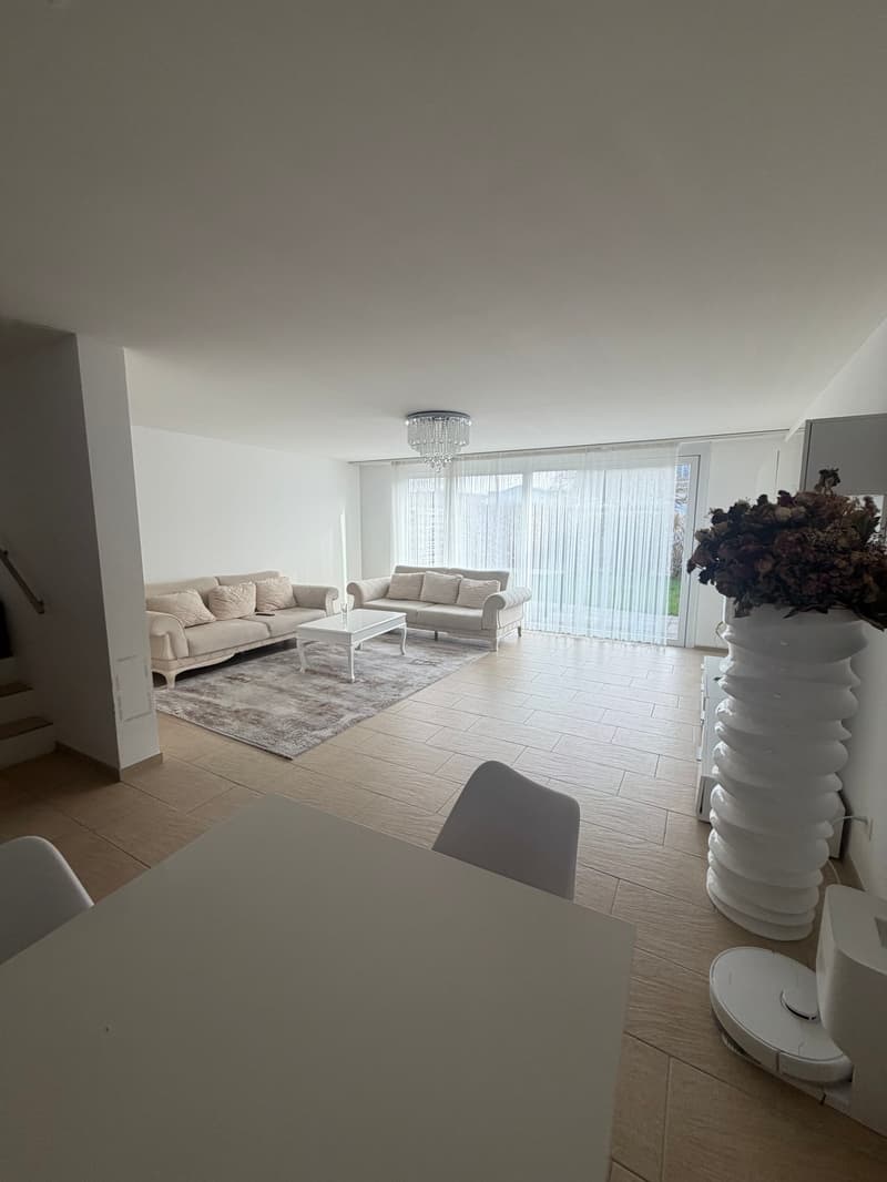 open layout, white couch, coffee table, chandelier, carpet, dining table, vacuum robot