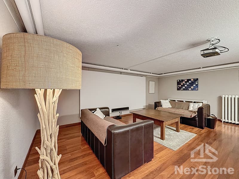 Living room with two couches, wooden coffee table, radiator, projector, lamp, rug, whiteboard