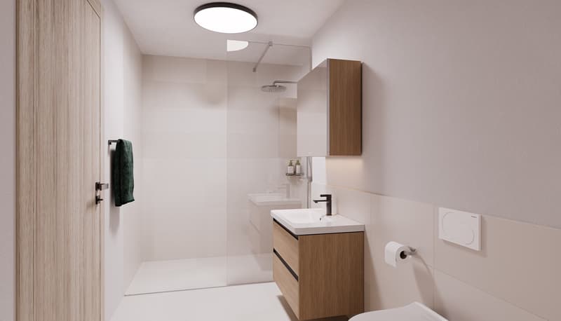modern bathroom with white tiles, wooden cabinet, glass shower, white sink, faucet, and toilet