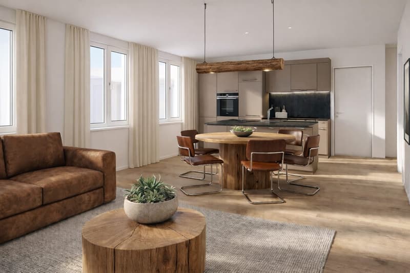 Open plan living room and kitchen, wooden table, brown leather sofa, wooden floor, large windows, modern kitchen with oven and sink