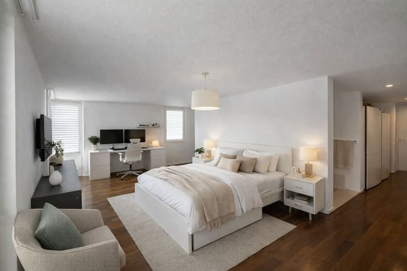 modern bedroom with white walls, wooden floor, bed, desk, chair, lamps, TV, plants, rug