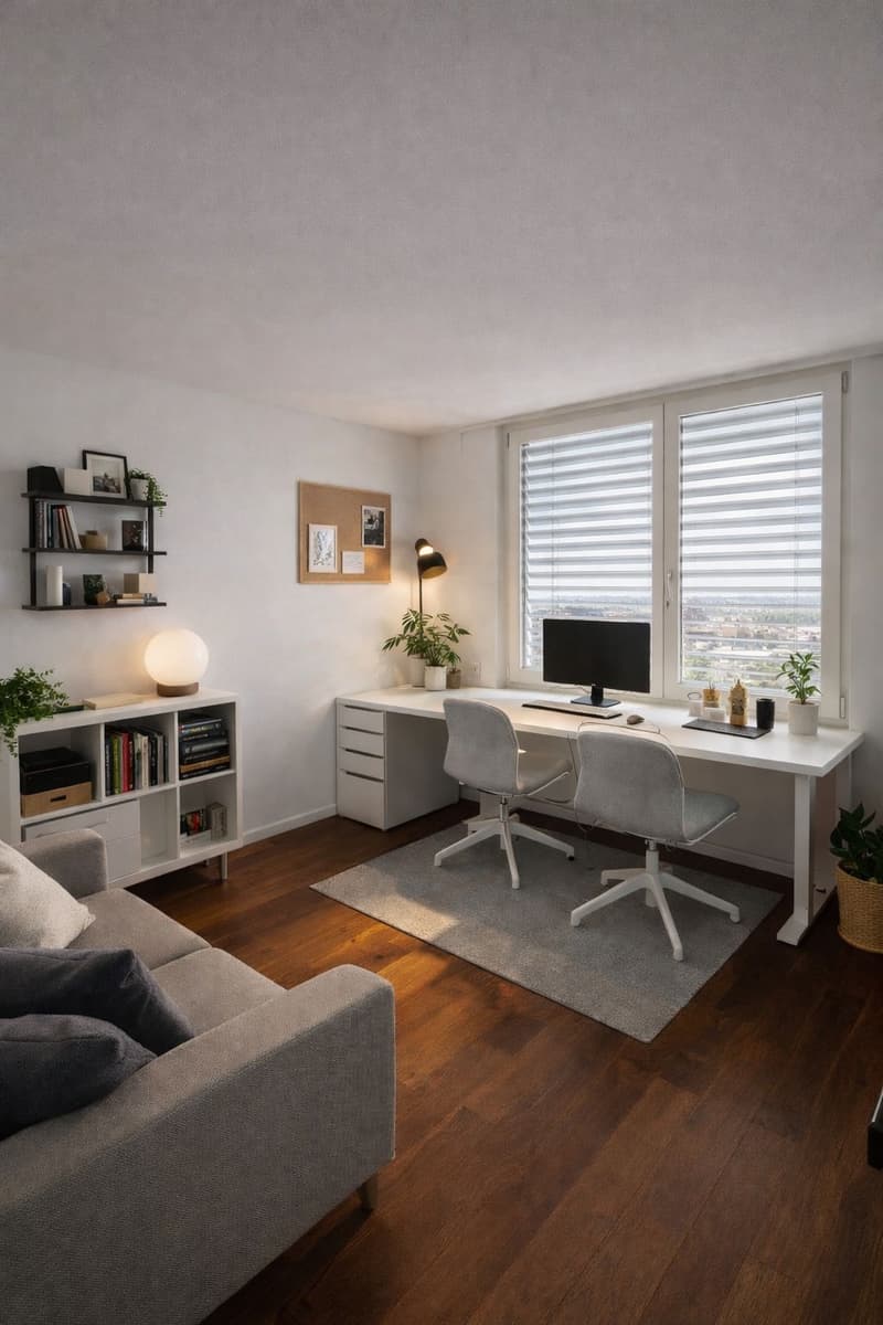 modern office setup with desk, computer, chairs, bookshelf, couch, and plants