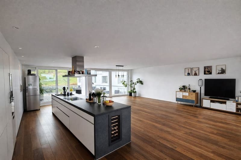 modern kitchen with island, stainless steel appliances, wooden floors, large windows, modern decor