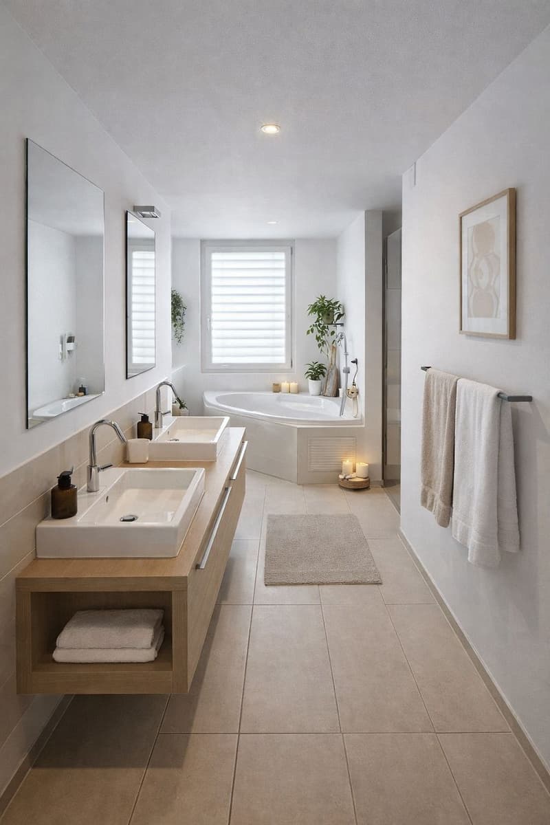 modern bathroom with two sinks, bathtub, shower, and a window with blinds