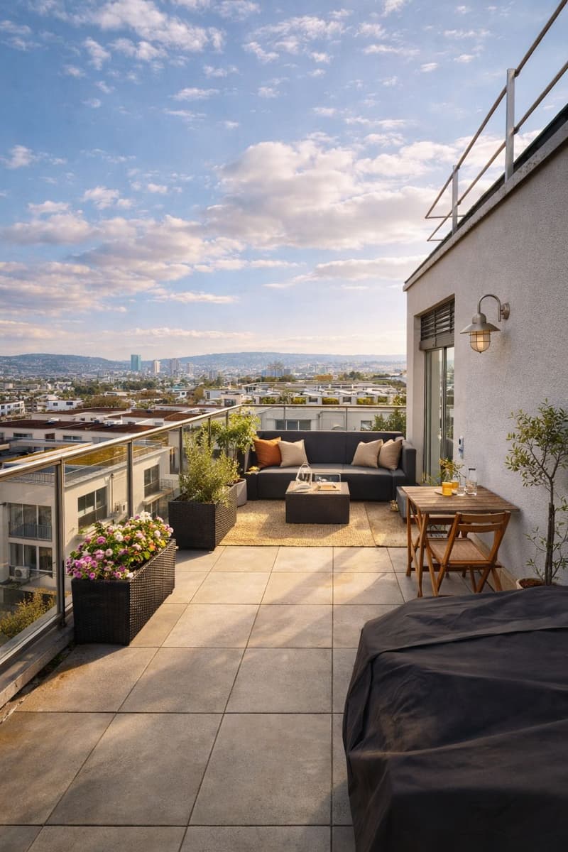 Outdoor seating area with a couch, table, and chairs, surrounded by potted plants, with a view of the city skyline.