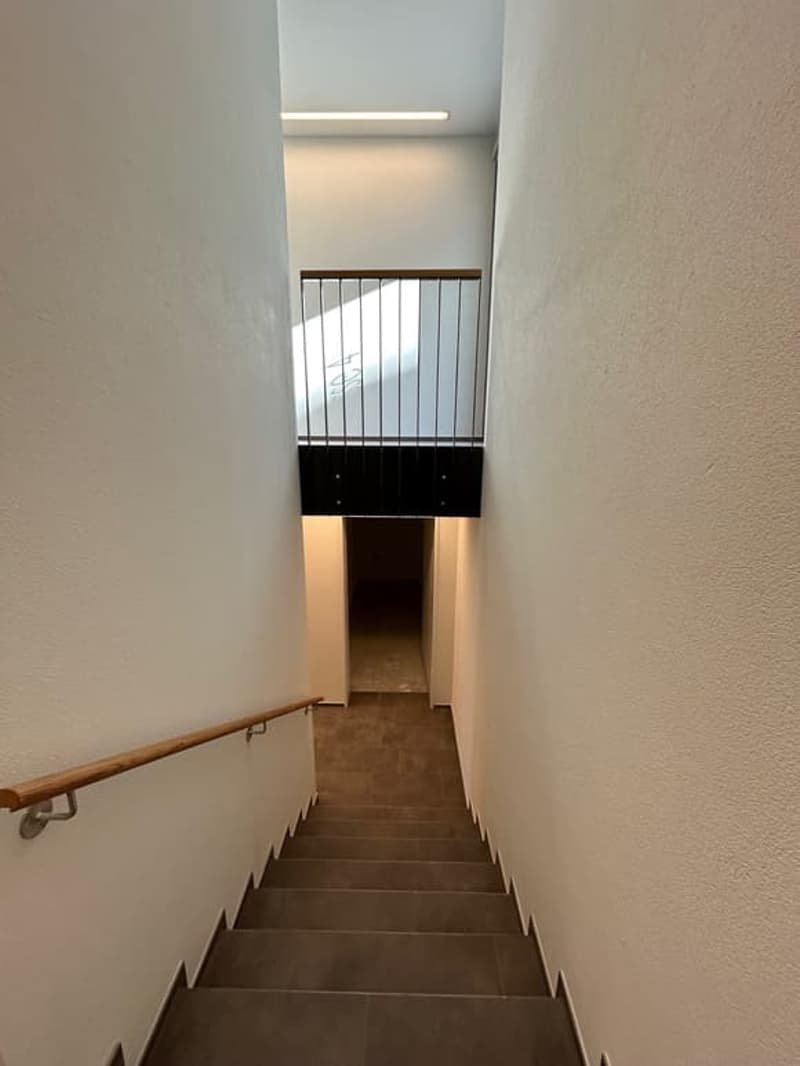 Modern staircase with wooden handrail, tiled steps, and a metal railing at the top