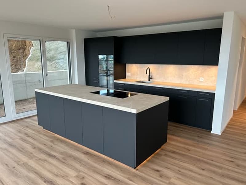 modern kitchen with black cabinets, gray countertop, island with stove, sink, faucet, sliding glass doors, wooden floor