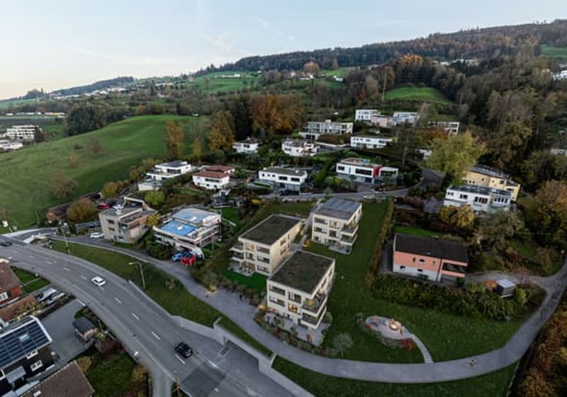 Aerial view of a residential area with multiple houses, surrounded by green fields and trees, with a road and a car driving by.