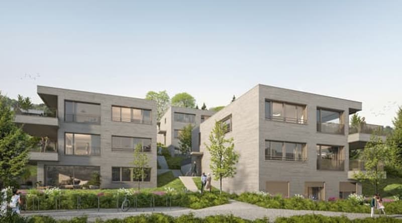 Modern apartment building, concrete exterior, large windows, balconies, landscaped garden, walking path