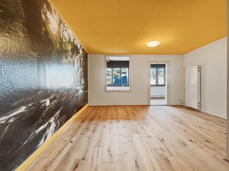 An empty room with wooden floors, two windows, one is a smaller one and the other is a sliding window, an electrical outlet and an open door leading to another room, an art wall with an image of water falling.
