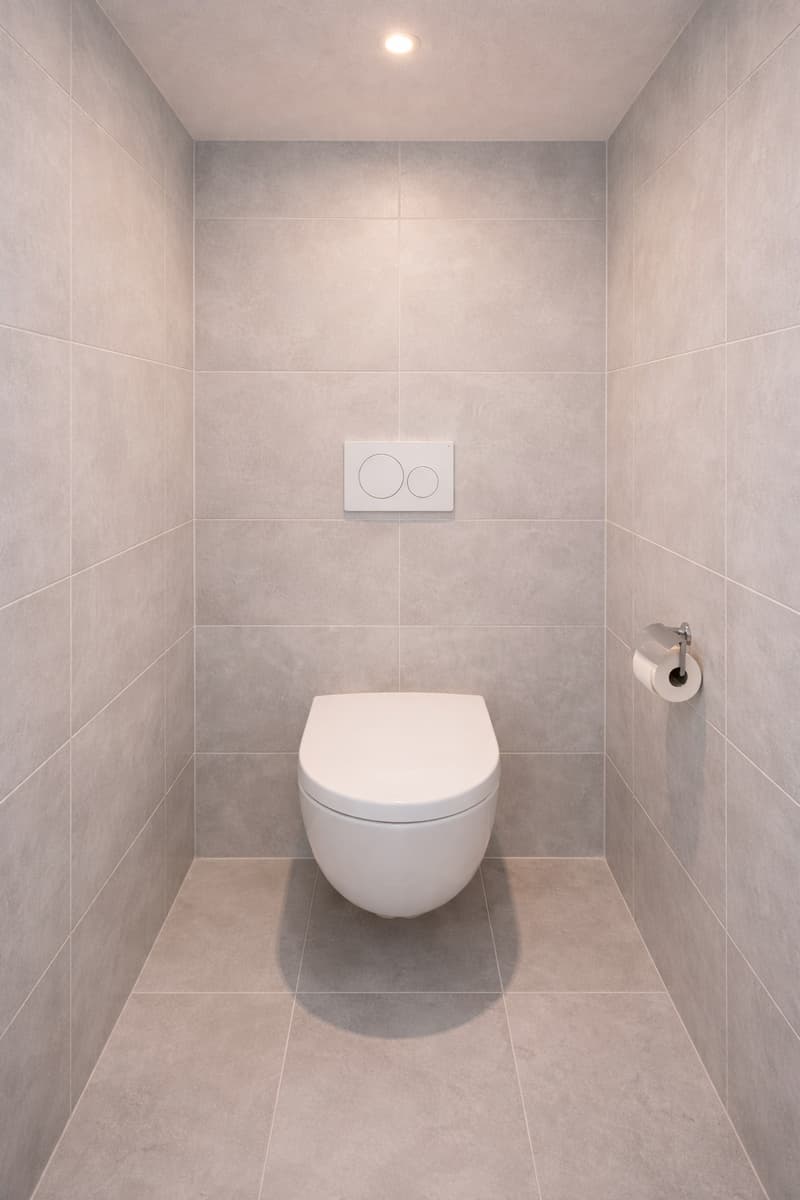 Modern bathroom with light gray tiles, white toilet, wall-mounted flush buttons, ceiling light, and roll of toilet paper.