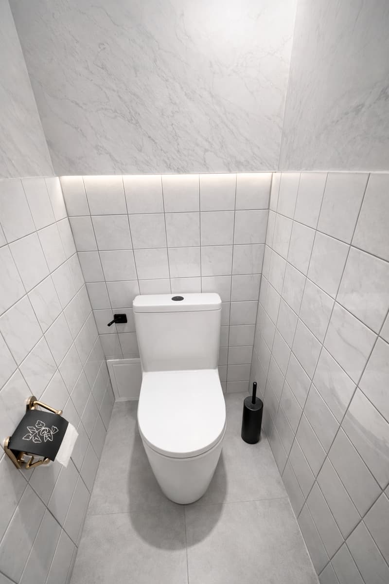 modern small toilet area with white marble wall and floor, white toilet with bidet function, toilet paper holder, and cleaning brush