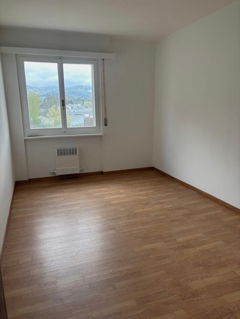 empty room, wooden floor, white walls, large window, heater
