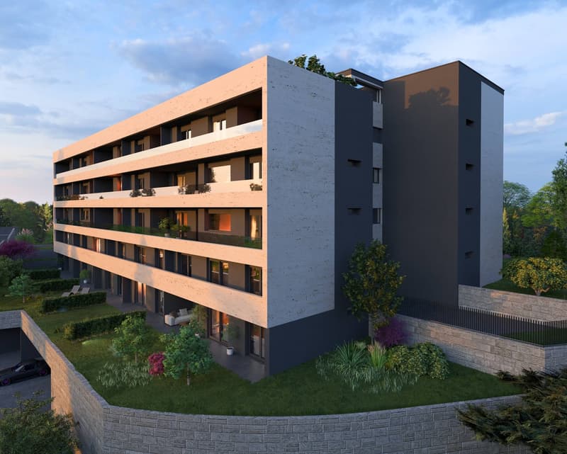 Modern apartment building, multiple floors, balconies, landscaped garden, parking area