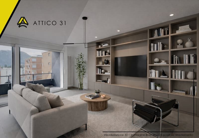 Modern living room with a sofa, coffee table, and a TV. The room has a large window with a balcony view.