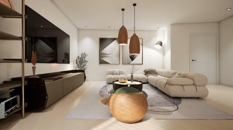 modern living room with white walls, beige sofa, wooden floor, large windows, TV, coffee table, pendant lights, floor lamp, decorative plants, artwork
