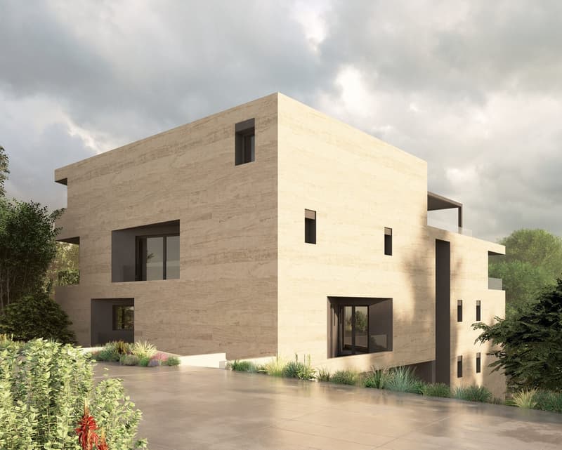 Modern architectural design, beige stone exterior, large windows, multiple balconies, driveway