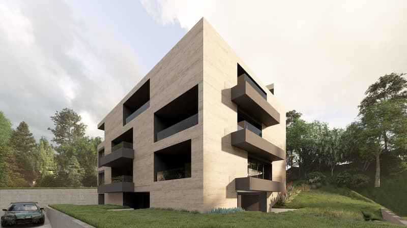 Modern architectural design, multiple floors, balconies, large windows, concrete exterior, car parked in front