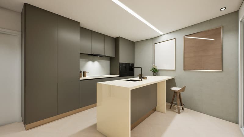 modern kitchen with island, gray cabinets, white countertops, black appliances, wooden stool, white walls, built-in lighting