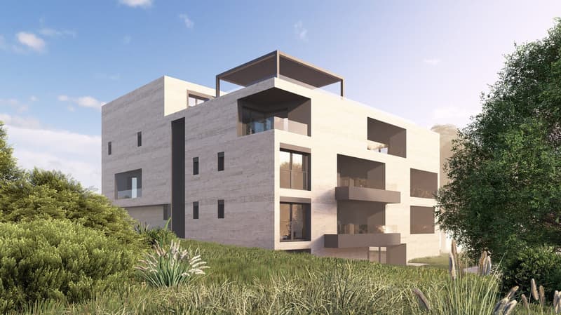 Modern architectural design, multiple floors, large windows, balconies, stone exterior, elevated position