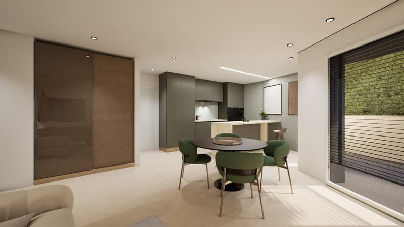Dining area with table and chairs, kitchen, sliding glass door to balcony, modern design, white walls, wooden floor