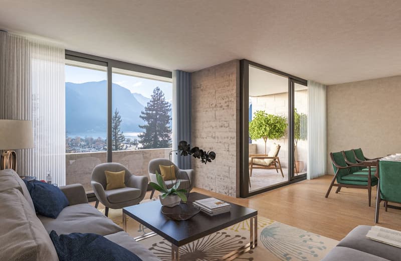 modern living room with large windows, balcony, wooden floor, couch, coffee table, armchairs, dining table, chairs, plants, lamp