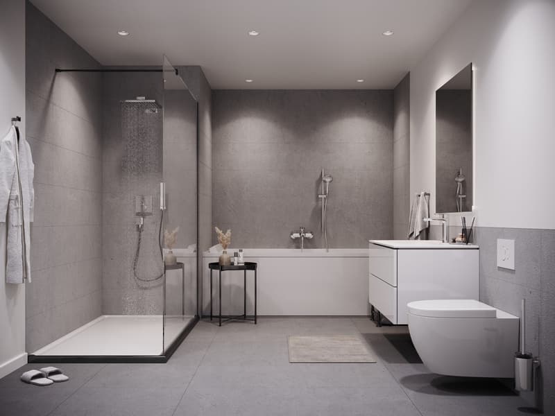 Modern bathroom with glass shower, bathtub, white vanity, and gray tiled floor.