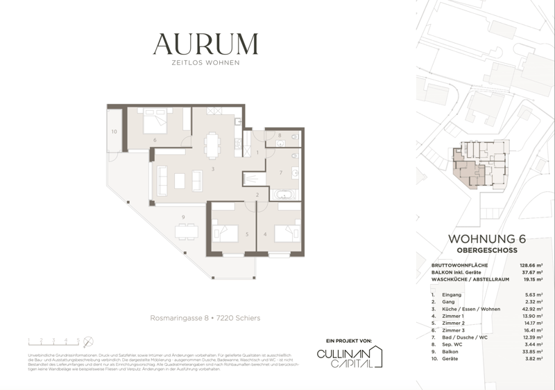 Entrance, living room, kitchen, 3 bedrooms, 2 bathrooms, separate WC, balcony, storage room