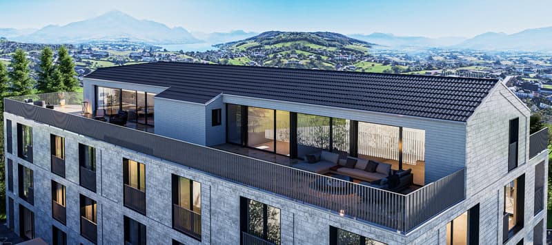 Modern apartment building with terrace, large windows, mountain view