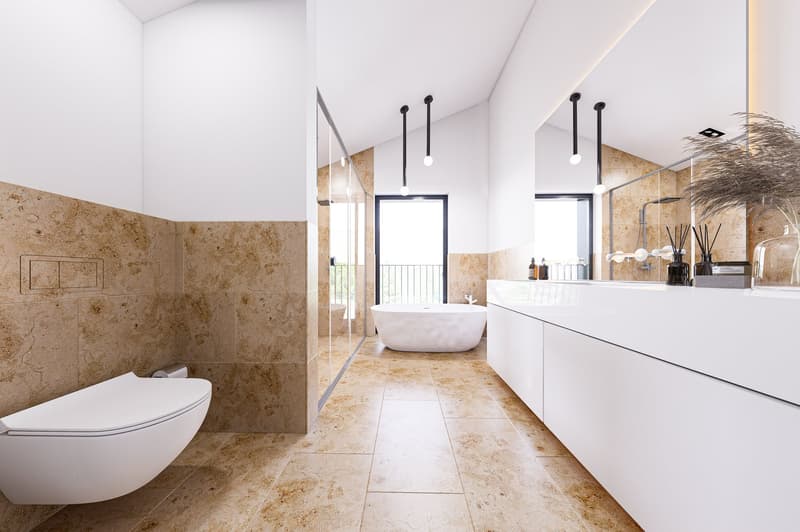 modern bathroom, white fixtures, beige tiles, large bathtub, glass shower enclosure, white vanity, modern lighting