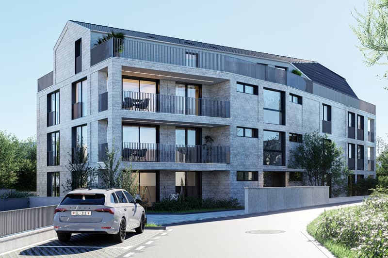modern apartment building, multiple balconies, large windows, gray exterior, car parked in front
