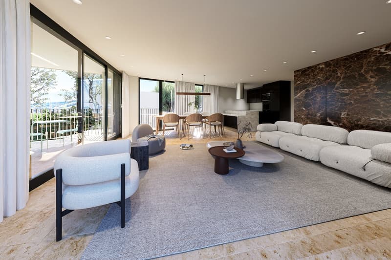 modern living room, large windows, balcony, dining table, chairs, sofa, coffee table, rug