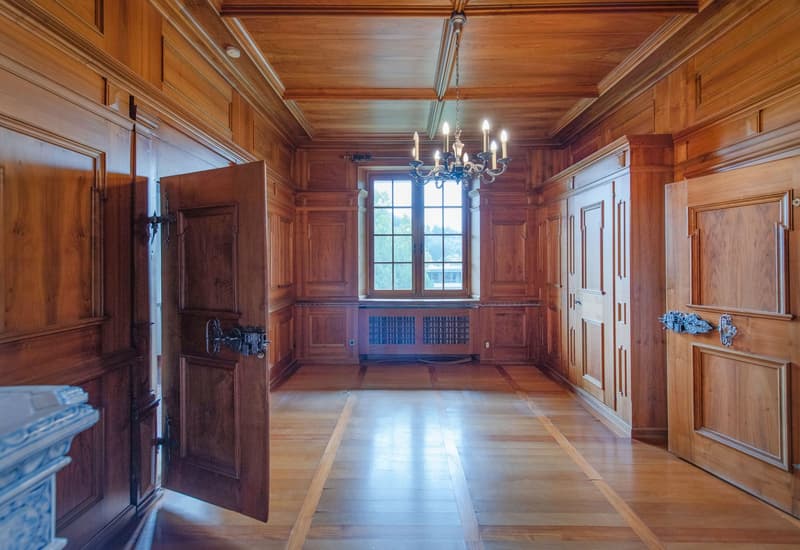 wooden walls, wooden floor, chandelier, window, doors