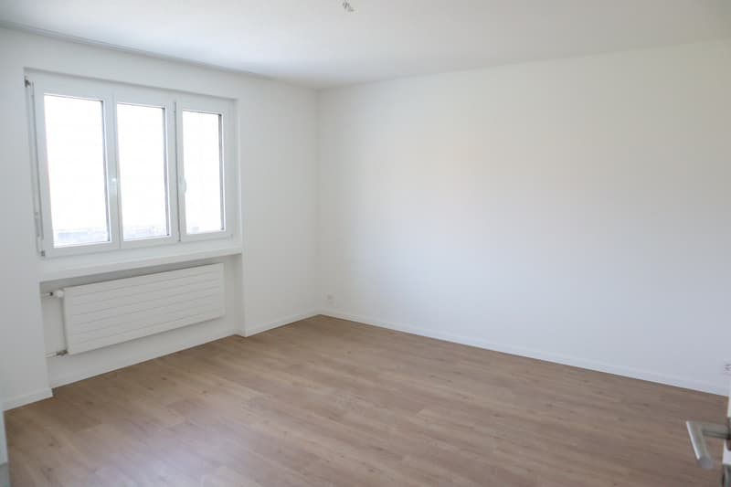 empty room, white walls, wooden floor, windows, radiator