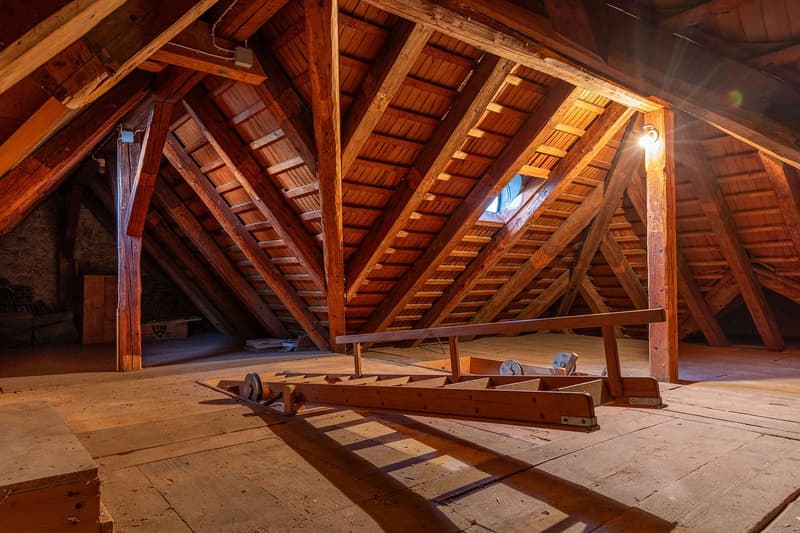 wooden beams, wooden ladder, ceiling light