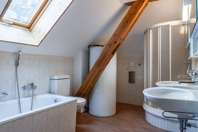 Attic bathroom with skylight, bathtub, toilet, double sink, and shower stall