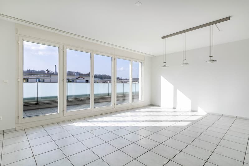 large windows, balcony, white tiles, modern design