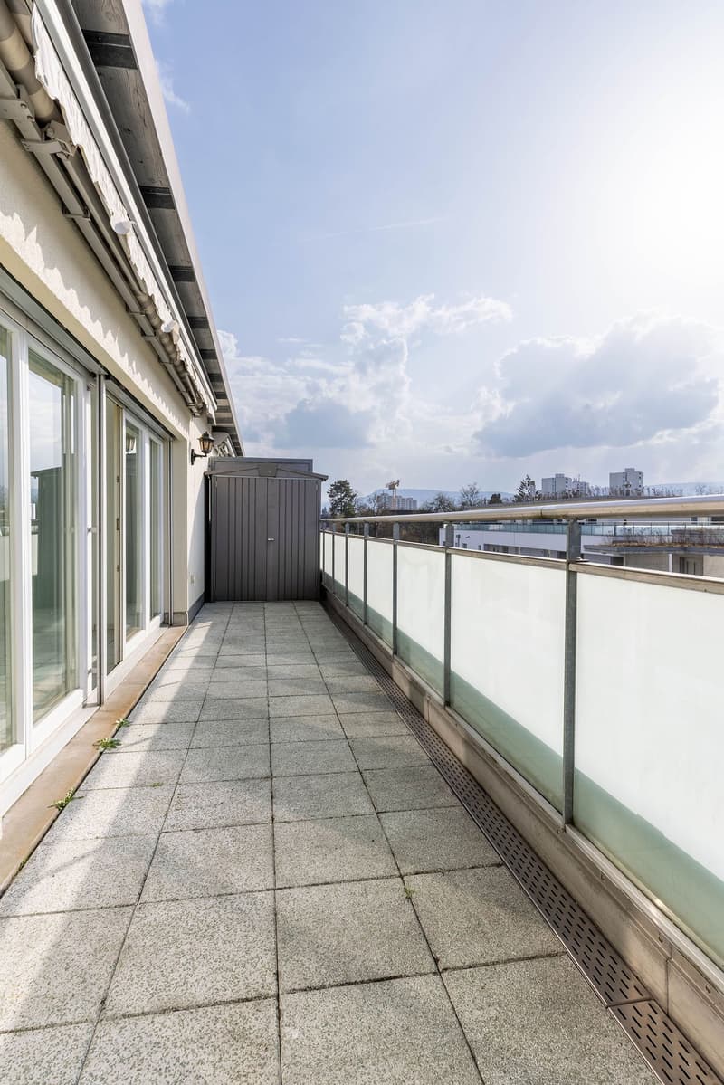 tiled floor, metal railing, glass doors, storage shed, metal grate