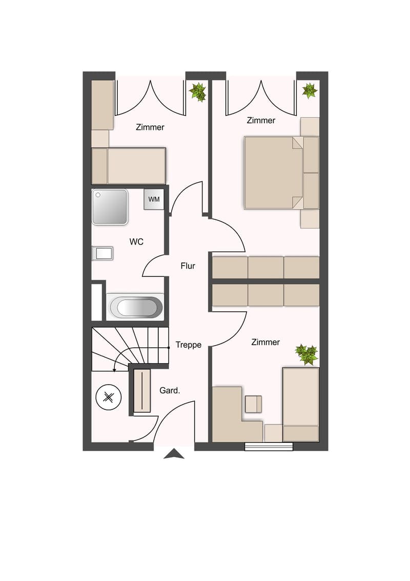 Floor plan with 3 rooms, bathroom, living room, kitchen, private washing machine, garage