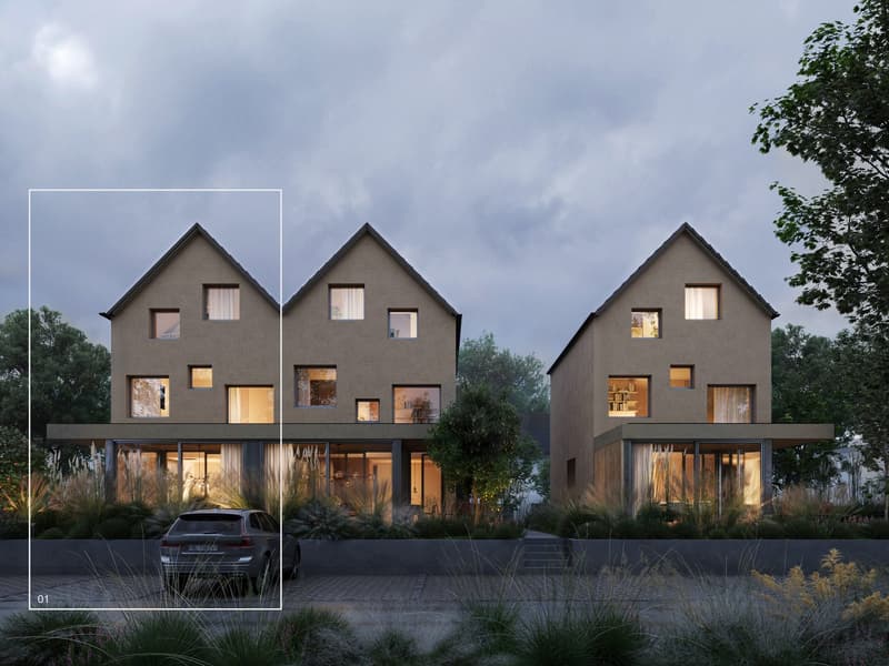 Three story house, modern design, large windows, beige exterior, car parked in front
