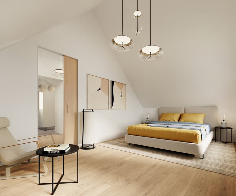 Bedroom with bed, bedside tables, lamp, rug, and chair
