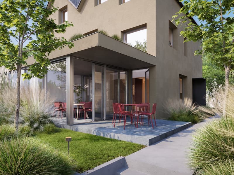 Modern house with glass walls, terrace, garden, red chairs and table