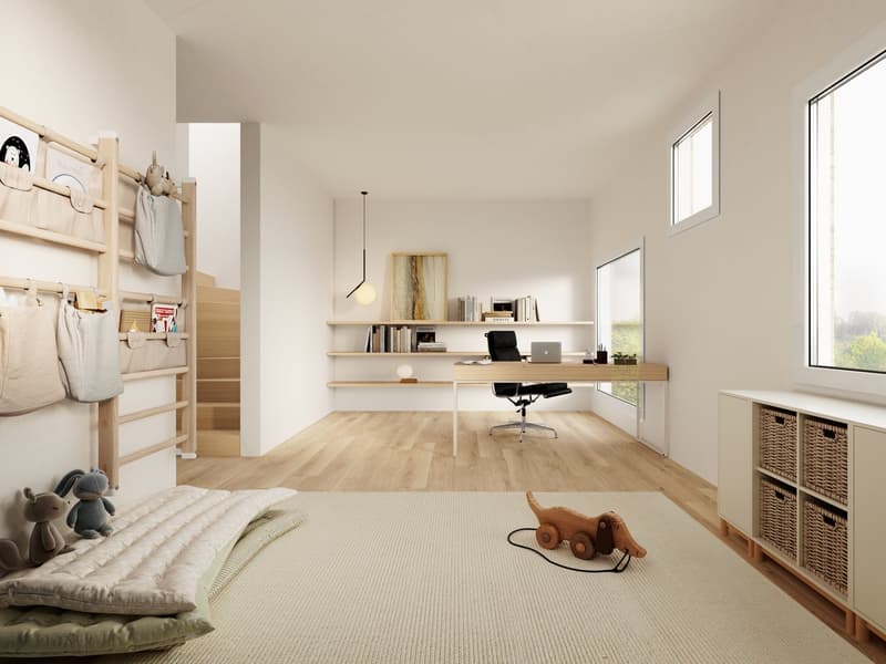 minimalist room with wooden floor, white walls, desk, shelves, toys, and a rug