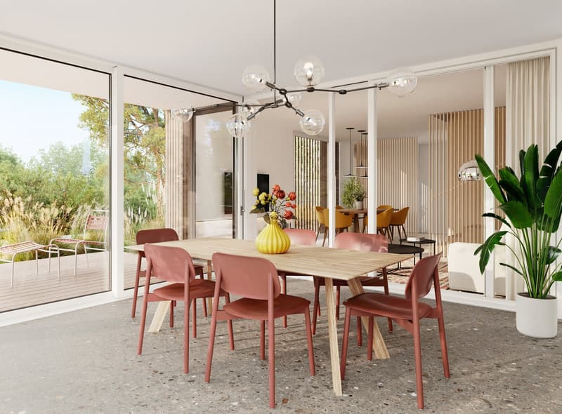 Dining table with 6 chairs, glass doors, balcony, plants, chandelier, yellow vase with flowers