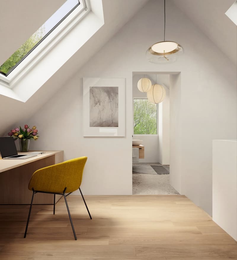 desk, yellow chair, laptop, flowers, skylight, pendant lights, picture frame, bathroom