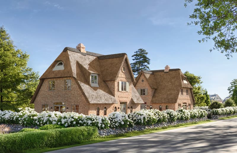 2 story house, brick, thatched roof, large windows, garden, bushes, road