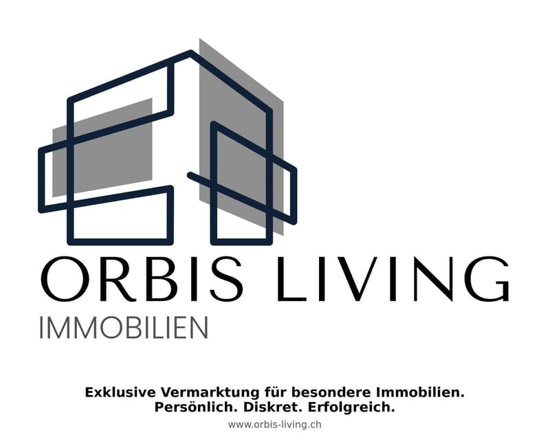 Logo for ORBIS LIVING IMMOBILIEN, featuring a modern house design in blue and gray