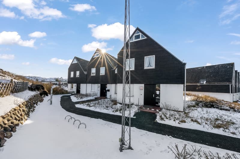 Modern house, black exterior, white windows, snow-covered ground, pathway, metal pole