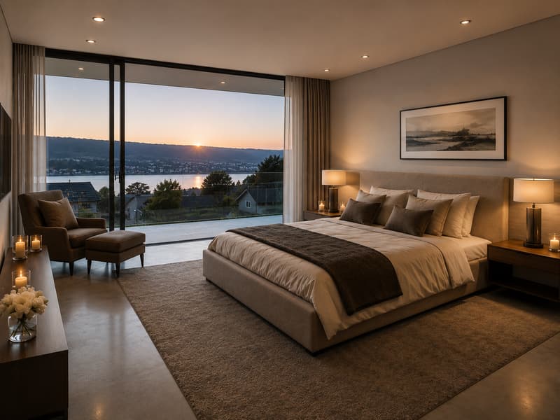 Luxuriöses Schlafzimmer mit warmem Lichtkonzept und raumhohen Fensterfronten. Die elegante Architektur verbindet moderne Ruhe mit exklusivem Wohngefühl und traumhafter Aussicht auf den See in absolut stilvollem Ambiente